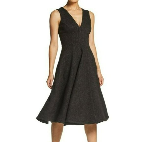 Dress the Population Modest Black V Neck Fit Flare Midi Dress - Picture 1 of 16